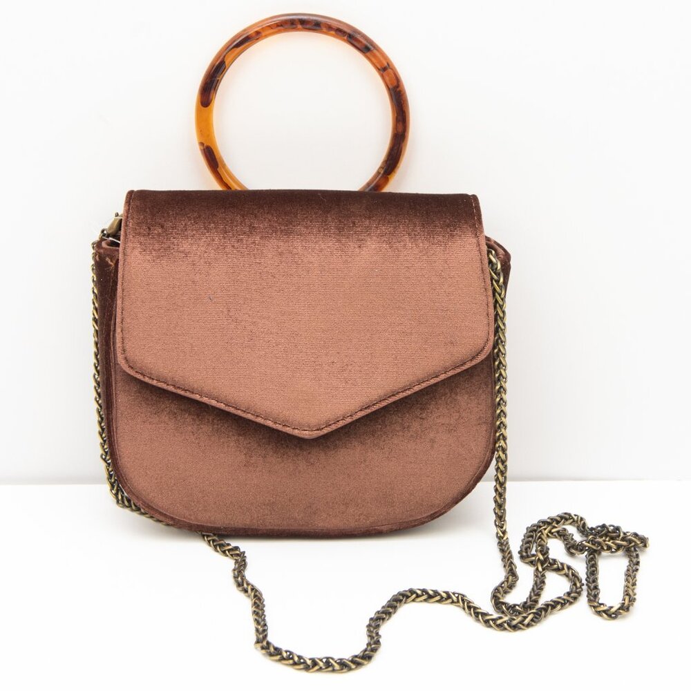 Anthropologie Simone Velvet Purse Crossbody Lucite Tortoise Bag Brown New